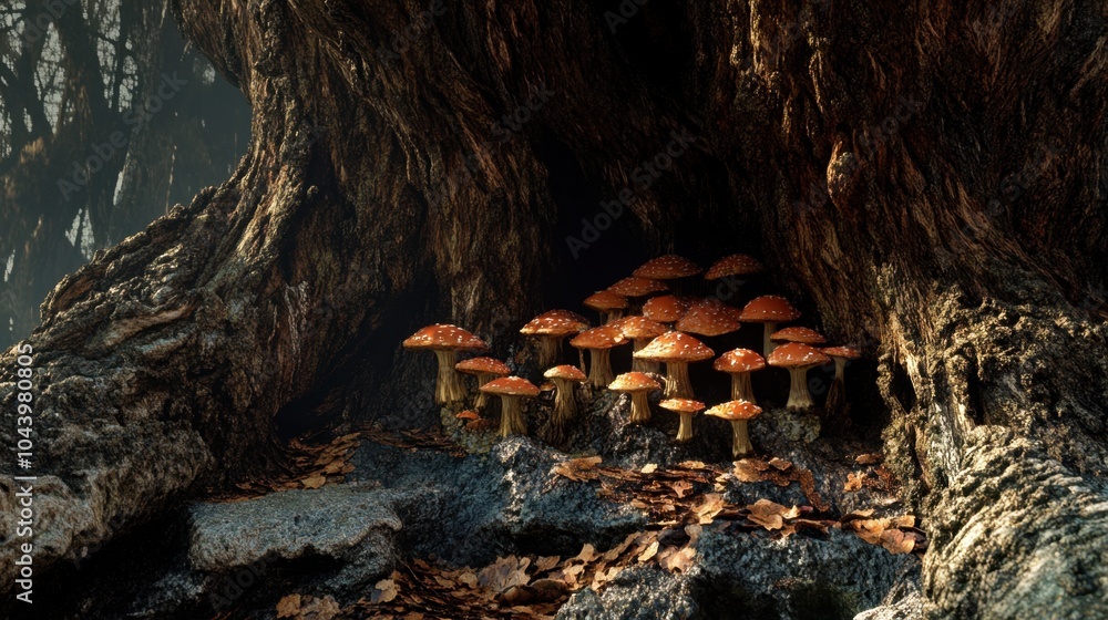 Fototapeta premium Mushrooms growing at the base of a towering tree, with rich, detailed textures and earthy tones.