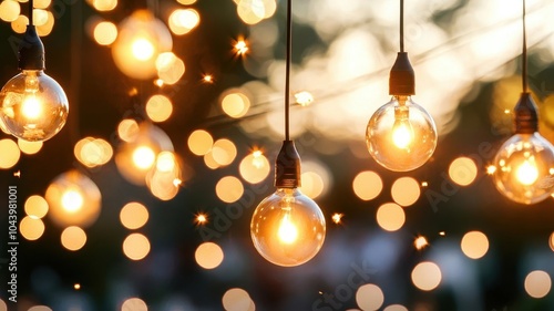 Hanging light bulbs illuminating with a beautiful bokeh background.