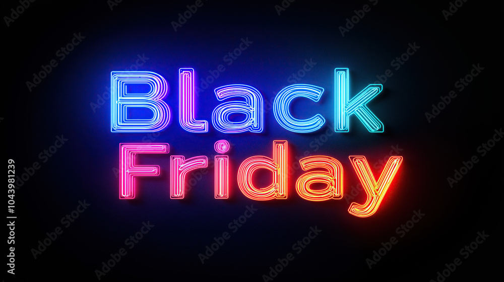 Black background with the text Black Friday in a neon style, vibrant color scheme, colorful glowing light effects on the letters Black background with the text Black Friday in a neon style, vibrant color scheme, colorful glowing light effects on the letters