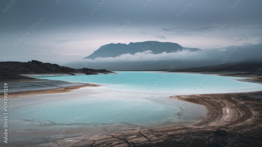 Misty lake with turquoise water and mountains in the background for tranquil and scenic landscapes Misty lake with turquoise water and mountains in the background for tranquil and scenic landscapes