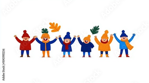 Happy children in winter clothes holding hands.