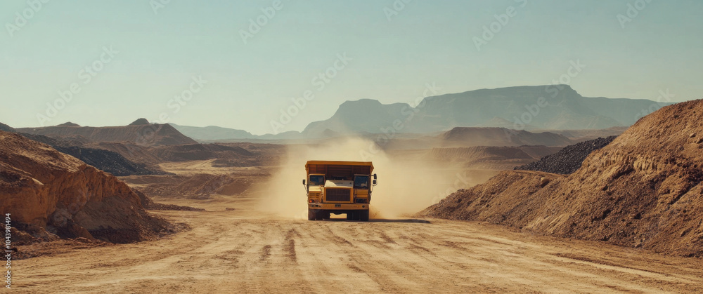 large yellow mining truck drives through dusty coal mine, surrounded by rugged terrain and mountains in background. scene captures essence of heavy machinery in industrial setting large yellow mining truck drives through dusty coal mine, surrounded by rugged terrain and mountains in background. scene captures essence of heavy machinery in industrial setting