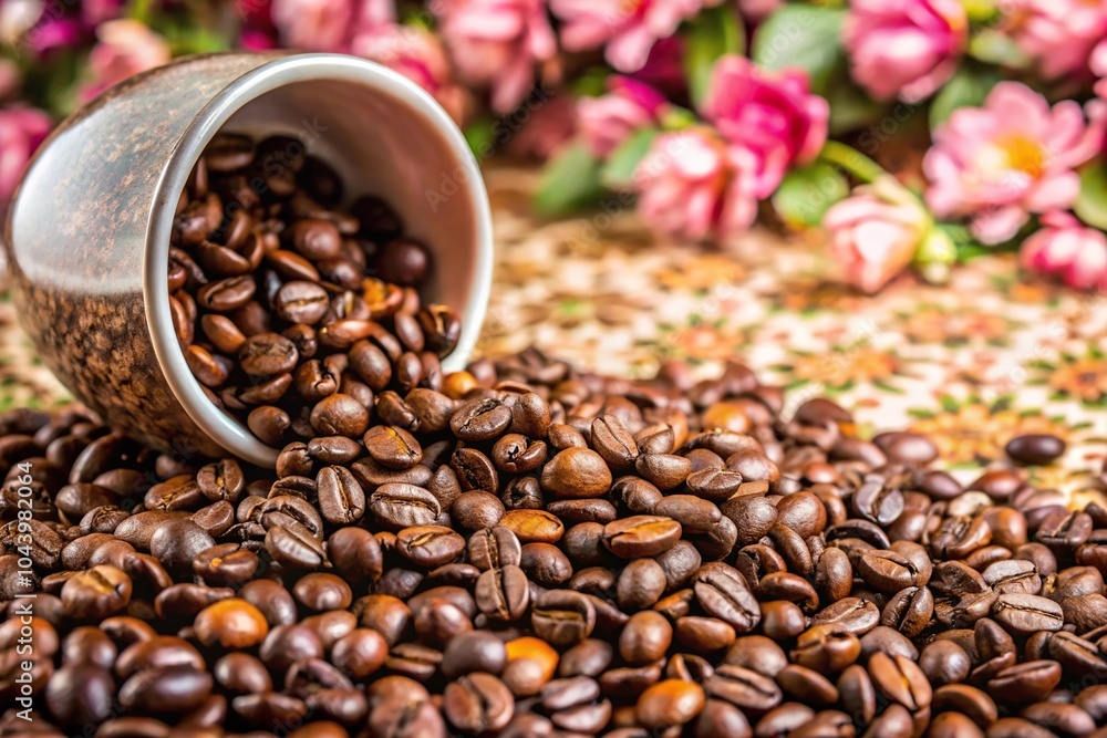 Fototapeta premium Coffee beans spilled from a cup onto a floral background Macro