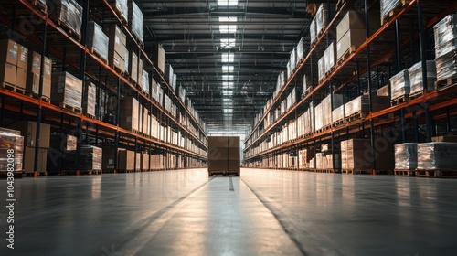 Wallpaper Mural A spacious warehouse filled with stacked pallets and boxes, showcasing industrial storage. Torontodigital.ca