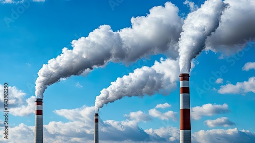 Three industrial smokestacks emit dense white smoke against a clear blue sky, symbolizing pollution and industrial activity. photo