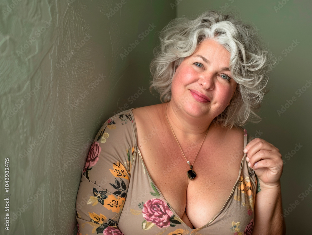 Sixty-year-old plus-size woman with curvy body and big breasts dressed in a floral dress in a sensual pose on a neutral background Sixty-year-old plus-size woman with curvy body and big breasts dressed in a floral dress in a sensual pose on a neutral background