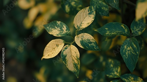 Green and Yellow Variegated Leaves of a Plant, Close-Up, Nature Background, Selective Focus