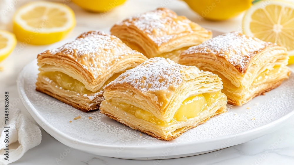 Flaky puff pastry with lemon curd filling, on a white marble plate, surrounded by lemon slices and a dusting of powdered sugar Flaky puff pastry with lemon curd filling, on a white marble plate, surrounded by lemon slices and a dusting of powdered sugar