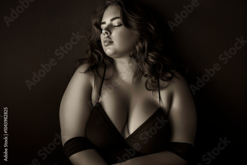 Plus-size model with bright makeup in black bodysuit and curvy body in a sensual pose on dark background.