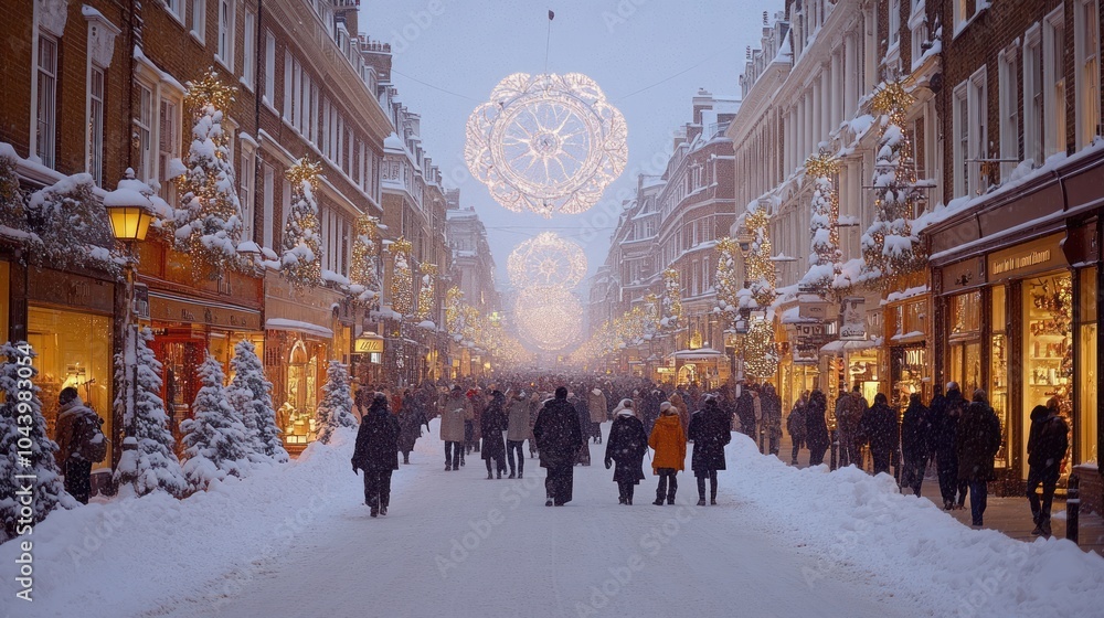 Obraz premium Snowy street scene bustling with holiday shoppers.