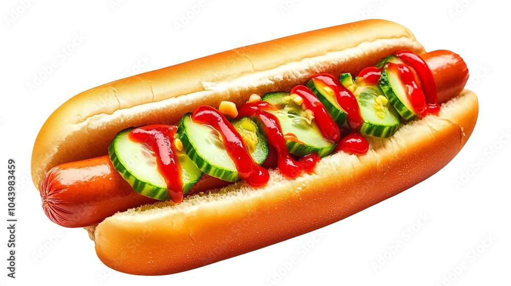 very yummy and delicious hot dog with bread cucumber, tomato, and ketchup on white background very yummy and delicious hot dog with bread cucumber, tomato, and ketchup on white background