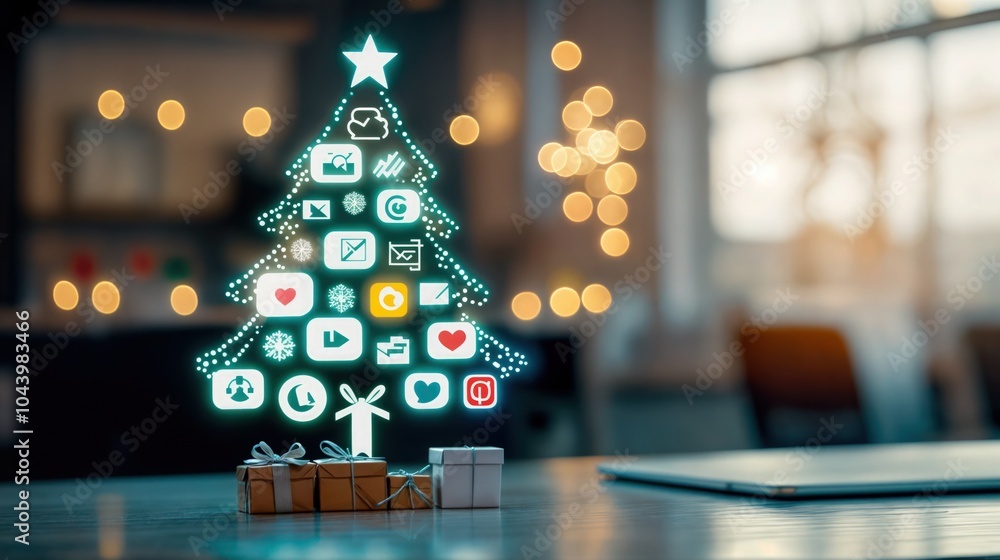 Digital Christmas tree made of social media icons with glowing lights, tech holiday concept on desk with gifts