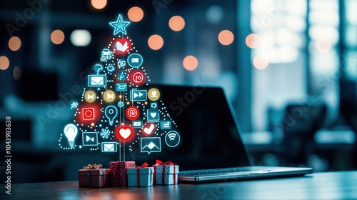 Festive digital christmas tree made of colorful icons on laptop desk with gifts, tech holiday celebration
