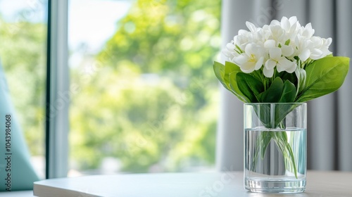 A delicate bouquet of white flowers in a glass vase sits on a sunny windowsill, offering an inviting view of bright greenery and promoting calm and tranquility.