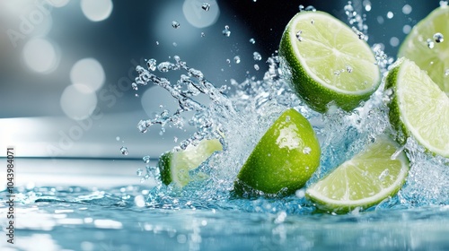 Limes are depicted mid-splash, creating an invigorating burst with water droplets flying, representing freshness, energy, and a vibrant summer vibe.