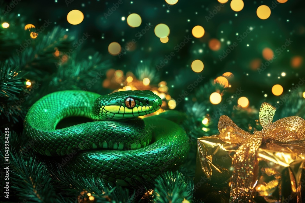 Fototapeta premium Green snake next to gifts in gold packaging, symbol of 2025 according to the Chinese calendar