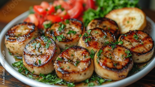 Close-up of seared scallops on a white plate with fresh tomatoes and herbs, garnished with parsley and a side of toasted bread.