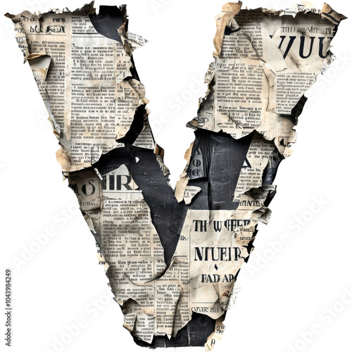 Creative letter v crafted from torn newspaper scraps in unique style
