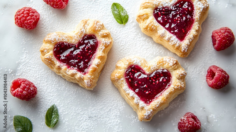 Puff pastry hearts with raspberry jam filling, isolated on a white marble surface, surrounded by fresh raspberries and powdered sugar Puff pastry hearts with raspberry jam filling, isolated on a white marble surface, surrounded by fresh raspberries and powdered sugar