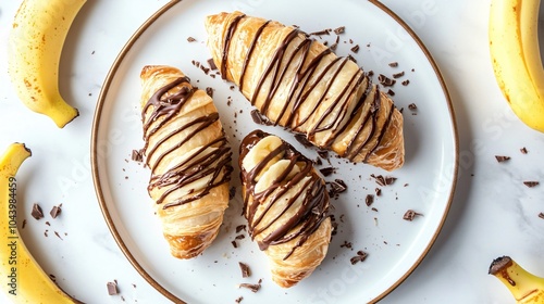 Puff pastry horns filled with chocolate and banana, placed on a white marble plate, surrounded by fresh banana slices and chocolate drizzle photo