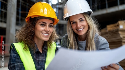 Two female engineers are smiling as they review construction blueprints, wearing hard hats and safety vests, showcasing collaboration, innovation, and teamwork. photo