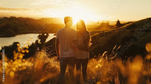 In the last rays of sunlight a couple stands close together backs facing the camera as they share a quiet moment together before . .