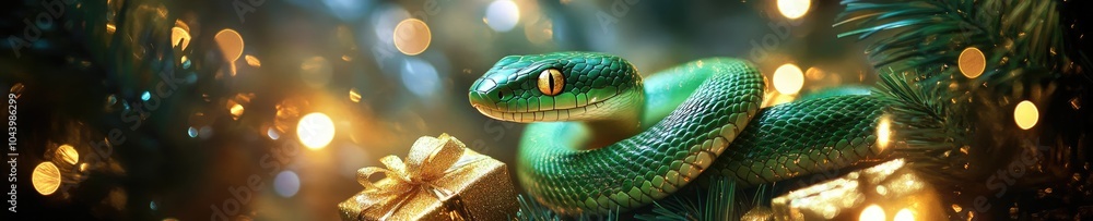 Obraz premium banner Green snake next to gifts in gold packaging, symbol of 2025 according to the Chinese calendar