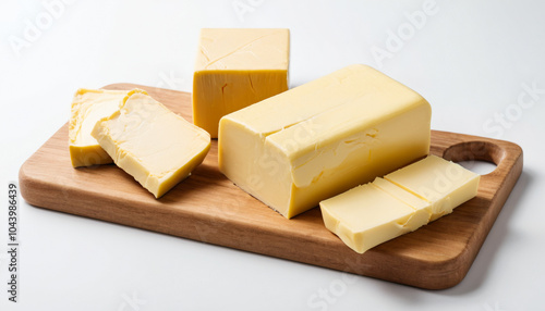 Wooden board with cut block of butter on white background isolated