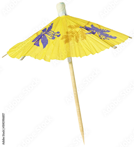 Yellow cocktail umbrella isolated, perfect for summer and tropical-themed designs.