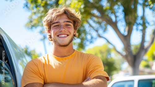 A young man with tousled hair beams a confident smile, standing outdoors in a bright yellow shirt, embodying positivity and a cheerful demeanor in sunlight. photo