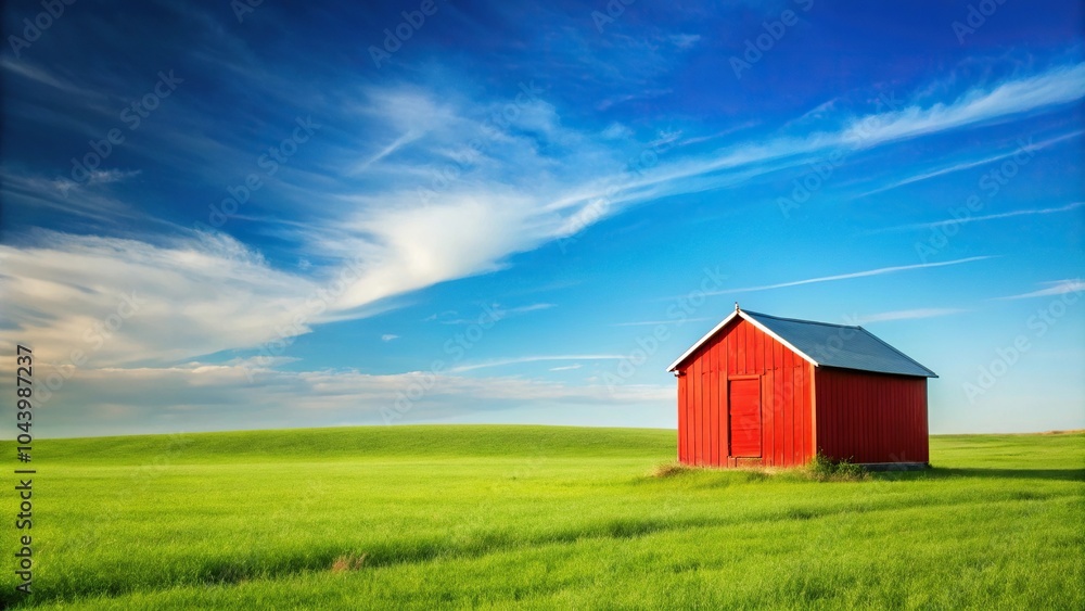 Obraz premium Scenic grassy field with red shed and blue sky silhouette