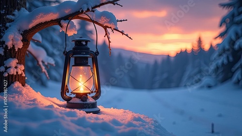 Burning lantern at Christmas time in a cold winter evening with golden bokeh