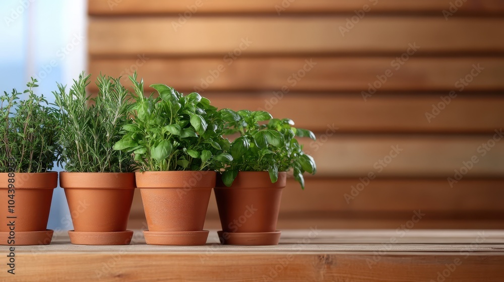A row of terracotta pots holds a variety of herbs, including rosemary and basil, displayed on a wooden surface against a warm, wooden-paneled background indoors. A row of terracotta pots holds a variety of herbs, including rosemary and basil, displayed on a wooden surface against a warm, wooden-paneled background indoors.