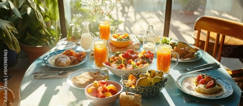 A table full of food, including fruit salad, pancakes, toast, and juice, set for a sunny breakfast. photo