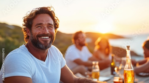 A man with a joyful smile sits at a beach gathering during a sunset, surrounded by friends, capturing a moment of relaxation and positivity in a scenic setting.