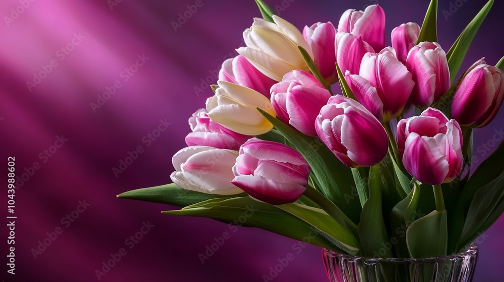 Obraz premium A bouquet of pink and white tulips in a glass vase on a purple background.