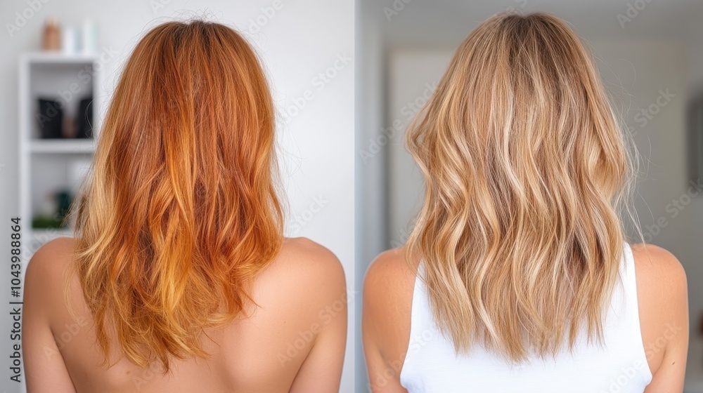 Two women seen from the back, one with vibrant red hair and the other with natural blonde wavy hair, showcasing contrast and uniqueness in hair styling approaches. Two women seen from the back, one with vibrant red hair and the other with natural blonde wavy hair, showcasing contrast and uniqueness in hair styling approaches.