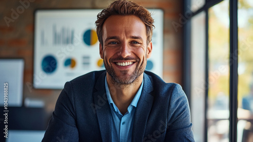 A man in a blue blazer and light blue shirt is sitting in an office. He is smiling and looking directly at the camera. 