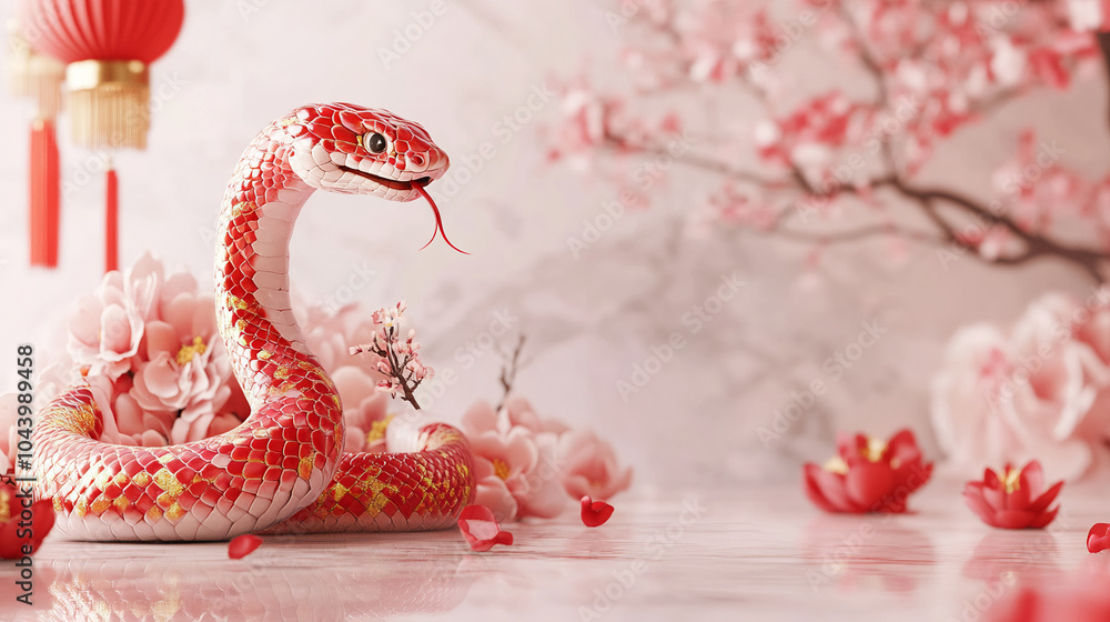 Obraz premium chinese lunar new year with lantern and traditional lion dance background, year of the snake festival celebration background