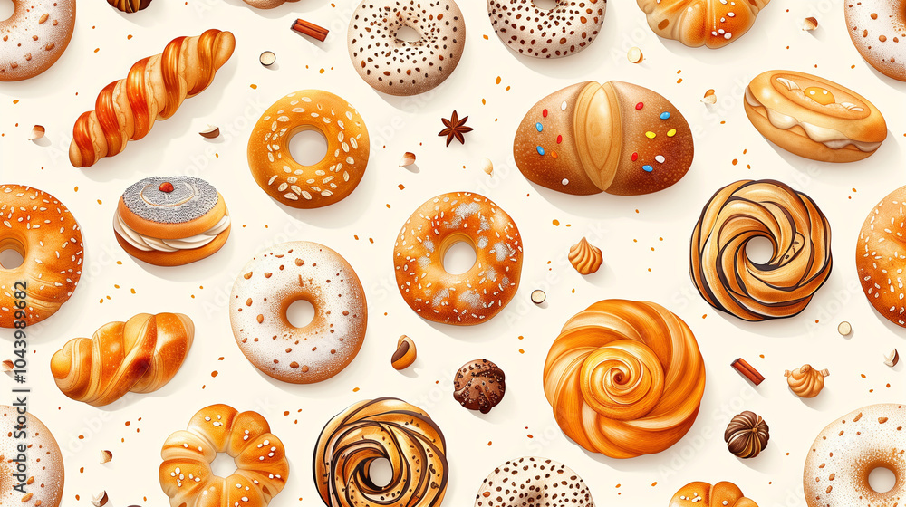 Variety of doughnuts and pastries on a white background. Variety of doughnuts and pastries on a white background.