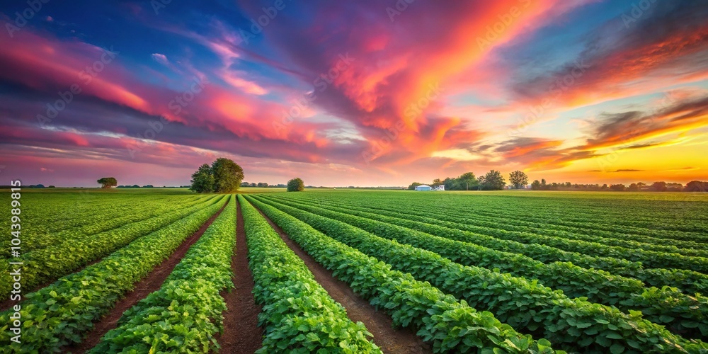 Scenic green farms with pastel pink skies, Depth of Field Scenic green farms with pastel pink skies, Depth of Field