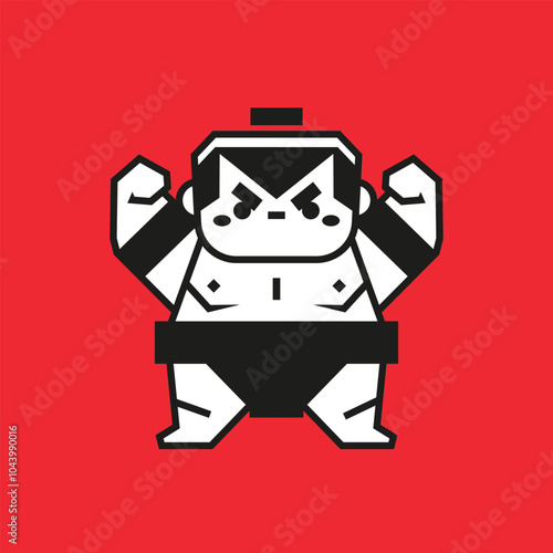 Vector illustration of a cute sumo wrestler in a bold graphic style on a red background.