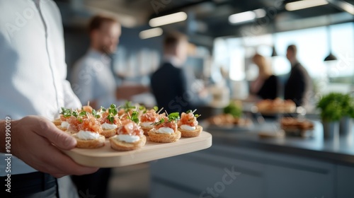 Bite-sized treats made with high-quality ingredients are tastefully arranged on a platter during a sophisticated brunch event with people engaging in conversation.