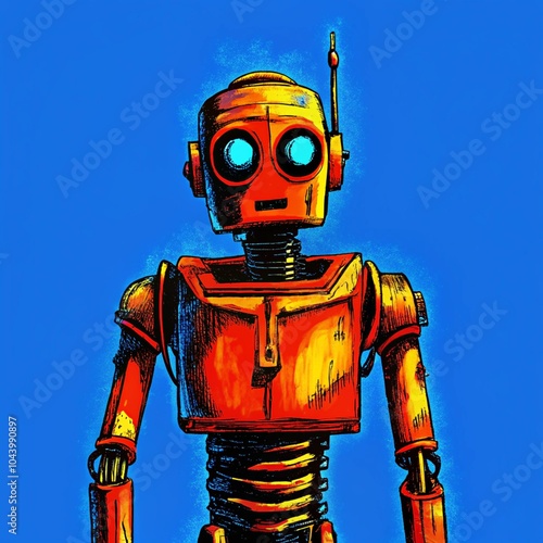 Futuristic Robot Illustration with Geometric Design  
A modern illustration of a robot featuring sleek geometric shapes, vibrant colors, and futuristic elements ideal for technology themes.  
 photo