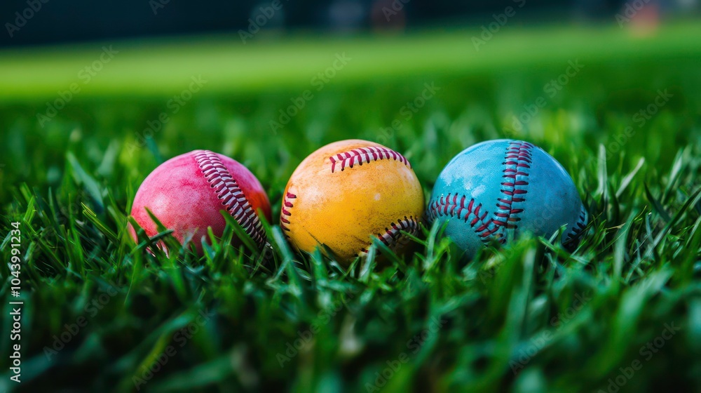 Naklejka premium Three colorful baseballs in a row on a green grass field.
