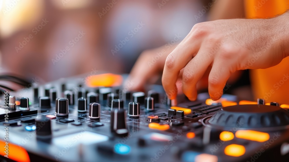 Multiple hands operate a mixer at an outdoor party, with blurred background elements and glowing lights, evoking a sense of excitement and collaboration. Multiple hands operate a mixer at an outdoor party, with blurred background elements and glowing lights, evoking a sense of excitement and collaboration.