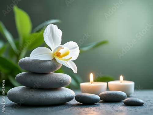 Relaxing spa set with candles, zen stones and orchid flower for meditation, relaxation, feng shui and wellness concept