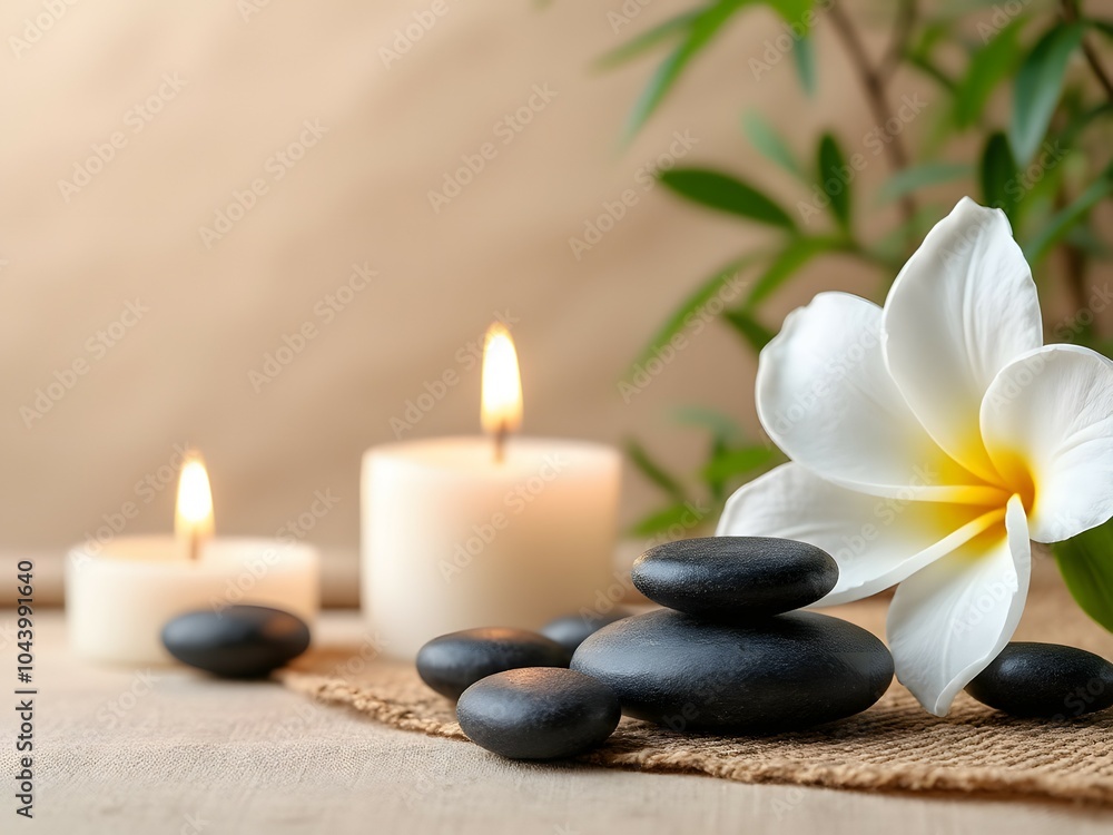 Relaxing spa set with candles zen stones and white flower on beige background with copy space for meditation, relaxation, feng shui and wellness concept Relaxing spa set with candles zen stones and white flower on beige background with copy space for meditation, relaxation, feng shui and wellness concept