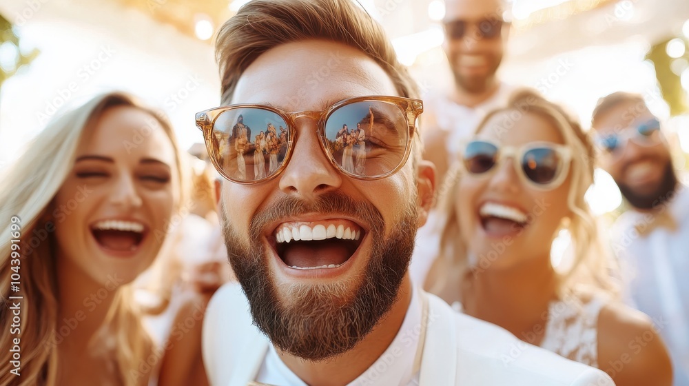 Fototapeta premium A cheerful group of friends wearing sunglasses, smiling and enjoying a sunny day outdoors. They are having a great time celebrating together with enthusiasm and joy.