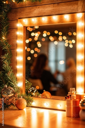 Obraz na płótnie Vanity mirror decorated with Christmas lights, cozy holiday atmosphere in makeup room
w salonie